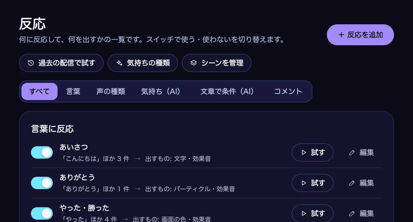 Koeffect の「反応」の画面の上部。右上に「+ 反応を追加」のボタンがあり、その下に「あいさつ」「ありがとう」「やった・勝った」の反応がスイッチ付きで並んでいる