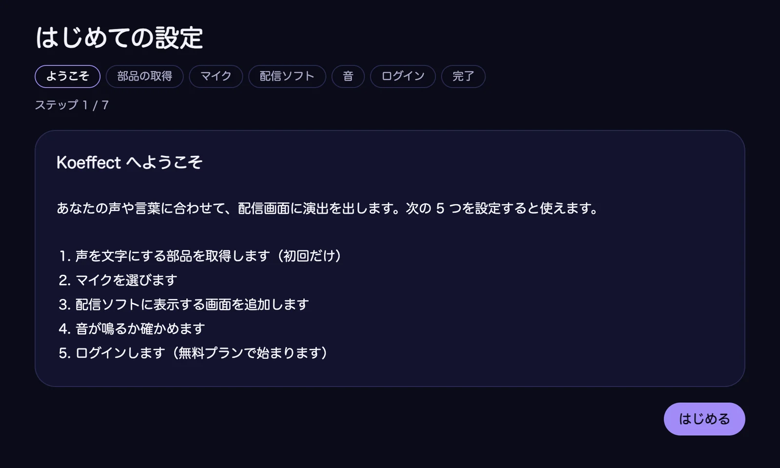 「はじめての設定」の最初の画面。「Koeffect へようこそ」と、これから設定する 5 つ(部品の取得・マイク・配信ソフト・音・ログイン)が並び、右下に「はじめる」ボタンがある