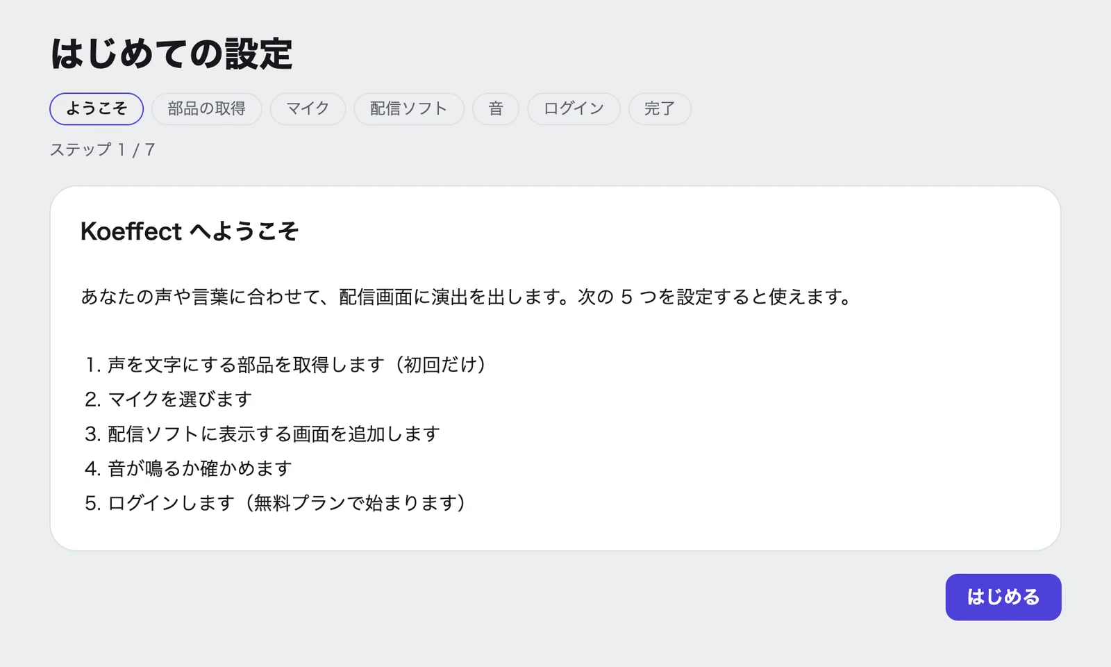 「はじめての設定」の最初の画面。「Koeffect へようこそ」と、これから設定する 5 つ(部品の取得・マイク・配信ソフト・音・ログイン)が並び、右下に「はじめる」ボタンがある